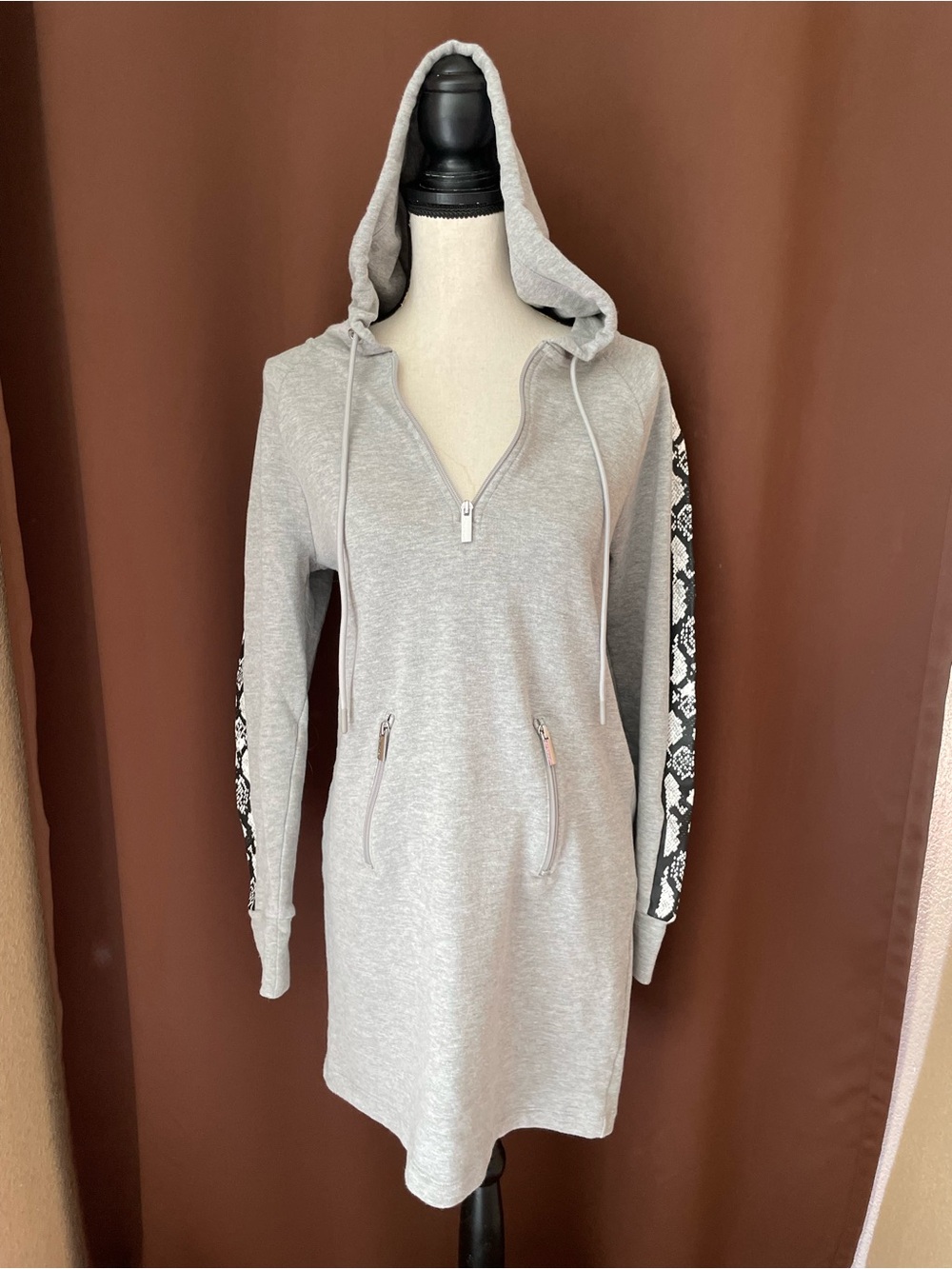 Calvin Klein Gray Half Zip Terry cloth lined Hoodie Dress Snakeskin Trim S